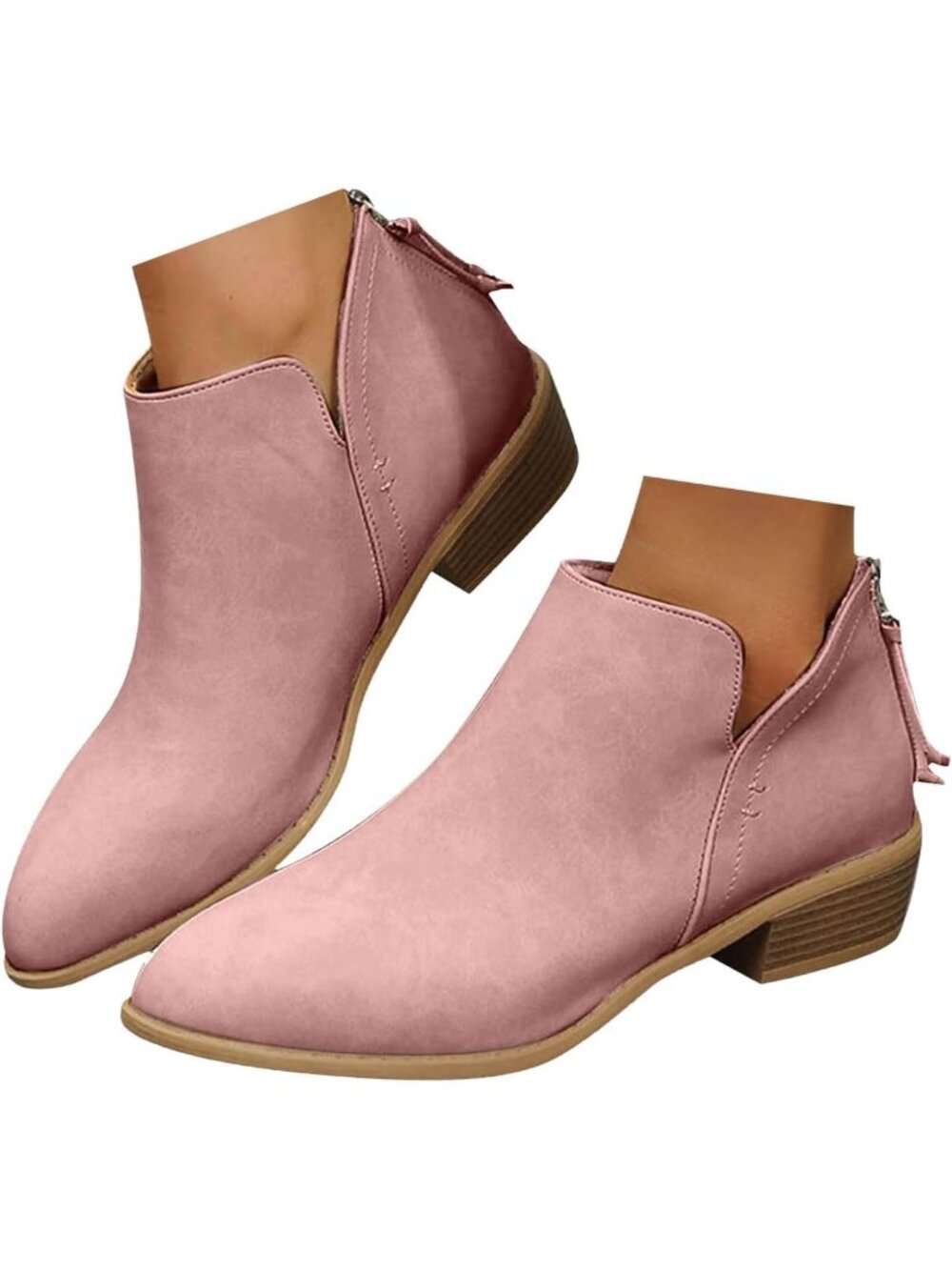 Women’s Suede Ankle Cowboy Boots Pointed Toe Low Block Heel Western Booties-Pink